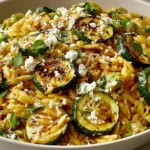 Greek Lemon Orzo with Roasted Zucchini topped with crumbled feta, fresh parsley, black pepper, and a fresh lemon wedge.