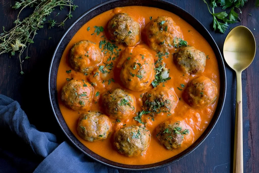 Greek Meatballs with Roasted Red Pepper Sauce served in a skillet with creamy red pepper sauce and fresh herbs.
