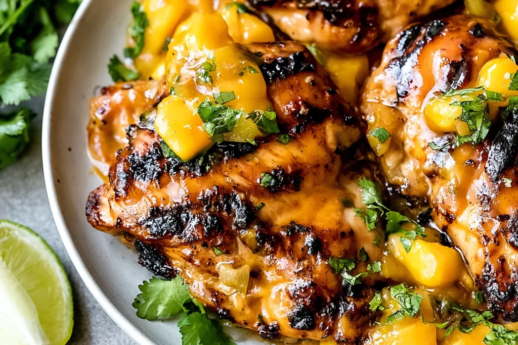Close-up of Grilled Mango Chicken with caramelized glaze, juicy grilled chicken thighs topped with mango chunks and fresh cilantro