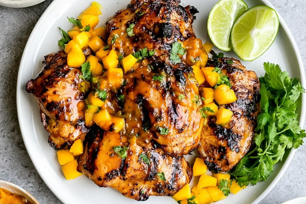 Grilled Mango Chicken with juicy charred chicken thighs topped with fresh mango salsa and herbs, served with lime wedges