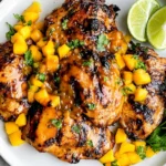 Grilled Mango Chicken with juicy charred chicken thighs topped with fresh mango salsa and herbs, served with lime wedges