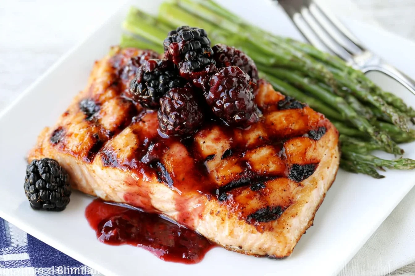 Grilled Salmon with Blackberry Sauce topped with fresh blackberries and served with asparagus on a white plate