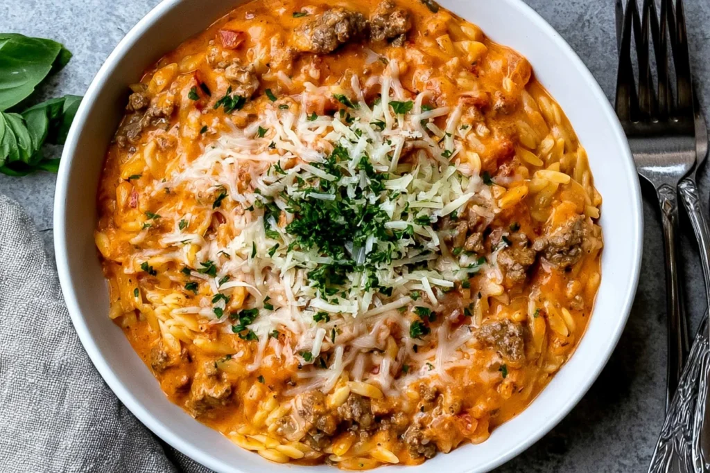 Ground Beef Orzo with Tomato Cream Sauce topped with shredded Parmesan and fresh basil in a white bowl.