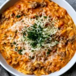 Ground Beef Orzo with Tomato Cream Sauce topped with shredded Parmesan and fresh basil in a white bowl.