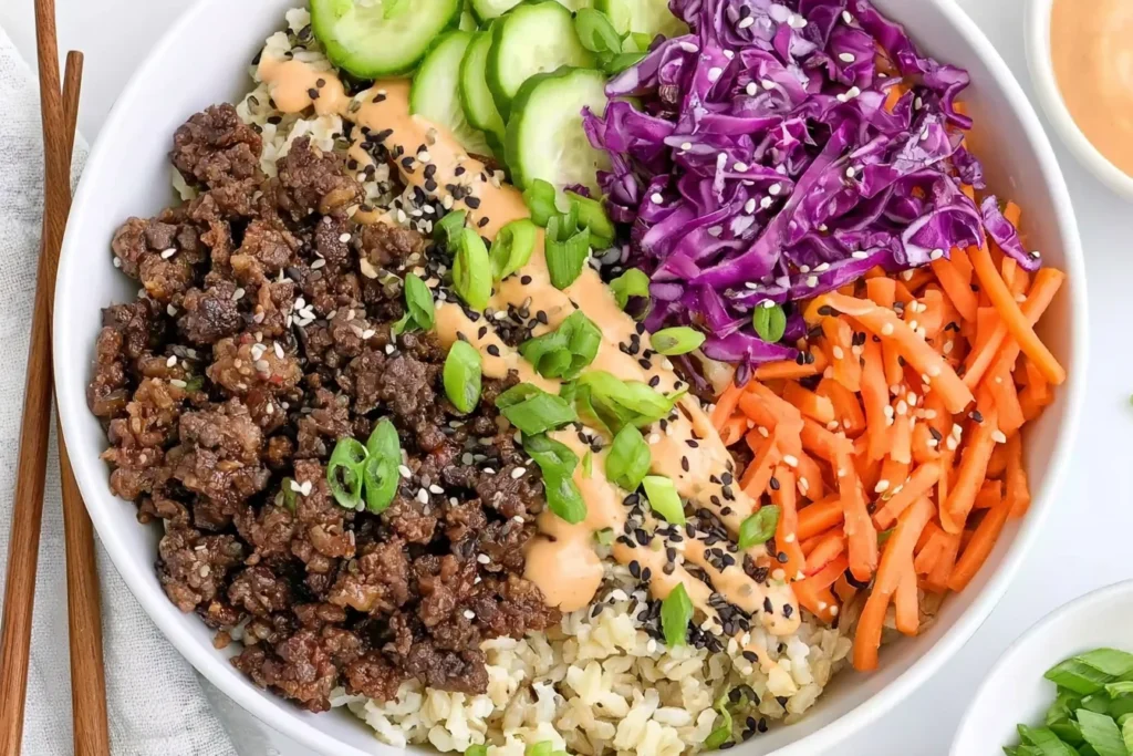 Korean Beef Bowl with ground beef, shredded carrots, red cabbage, cucumber, and spicy sauce over cauliflower rice