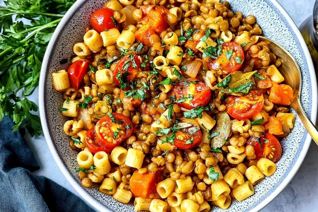 Lentil Pasta with ditalini, green lentils, cherry tomatoes, carrots, onions, bay leaves, and fresh parsley in a savory sauce.
