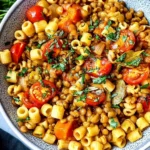 Lentil Pasta with ditalini, green lentils, cherry tomatoes, carrots, onions, bay leaves, and fresh parsley in a savory sauce.