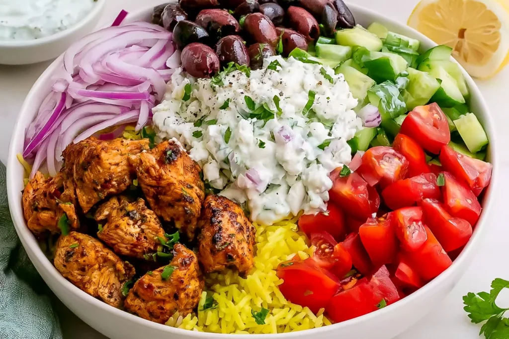 High-Protein Chicken Gyro Bowls with seasoned chicken, yellow rice, cucumber, tomatoes, red onion, Kalamata olives, and creamy tzatziki.