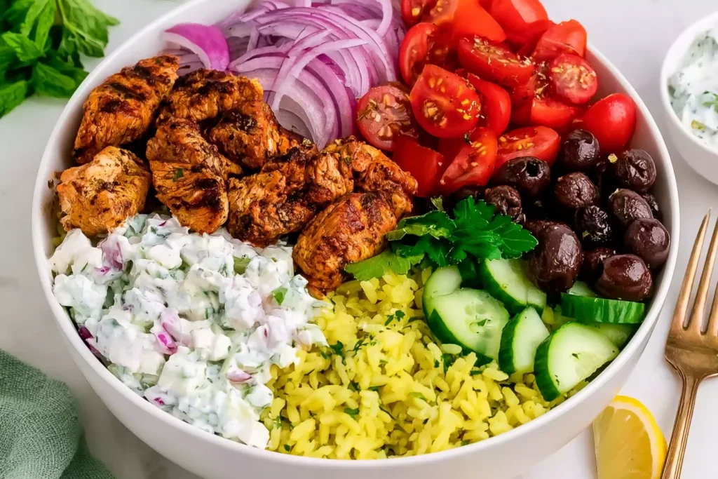 High-Protein Chicken Gyro Bowls with seasoned chicken, cucumber, tomatoes, red onion, olives, rice, and creamy tzatziki.