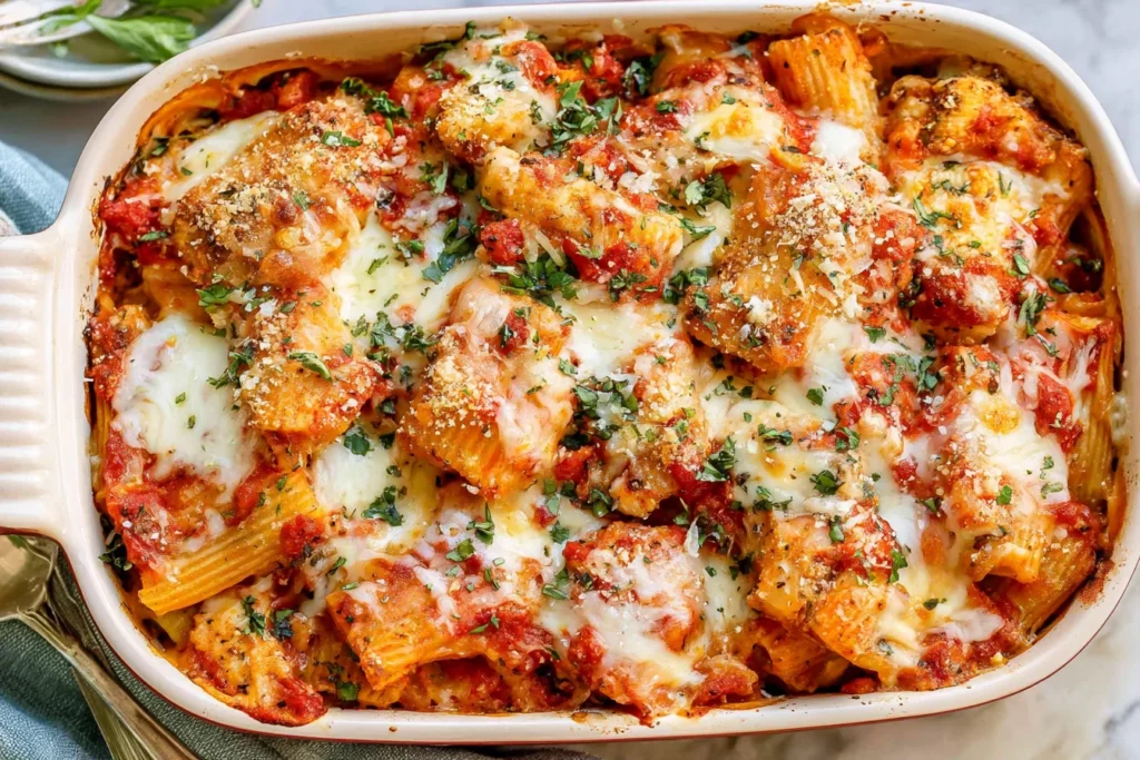 Chicken Parmesan Casserole with rigatoni, breaded chicken, marinara, melted mozzarella, Parmesan, and fresh herbs.