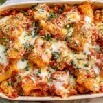 Chicken Parmesan Casserole with rigatoni, breaded chicken, marinara, melted mozzarella, Parmesan, and fresh herbs.