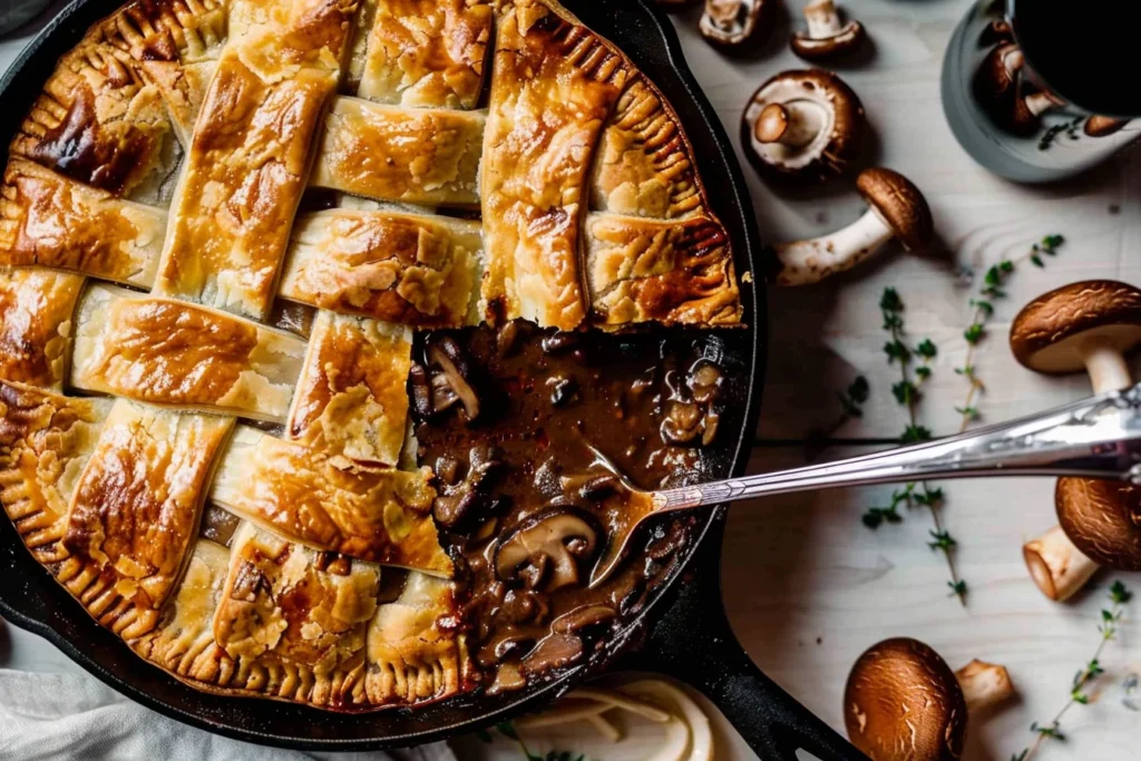 Mushroom Pot Pie with golden flaky pastry, savory mushroom filling, and fresh thyme in a cast-iron skillet.