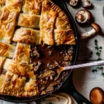 Mushroom Pot Pie with golden flaky pastry, savory mushroom filling, and fresh thyme in a cast-iron skillet.
