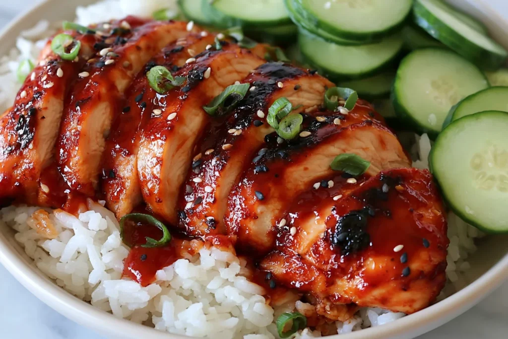 Honey Gochujang Chicken served over rice with cucumbers, glazed sweet spicy high-protein chicken topped with sesame seeds and green onions