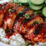 Honey Gochujang Chicken served over rice with cucumbers, glazed sweet spicy high-protein chicken topped with sesame seeds and green onions