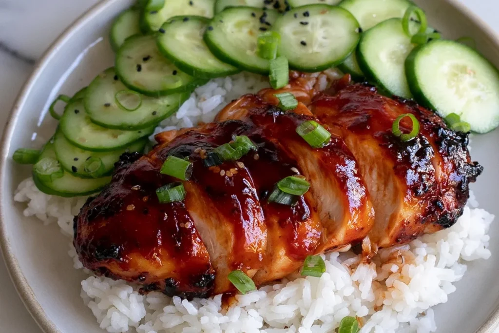 Honey Gochujang Chicken over white rice with sliced cucumbers, glazed sweet spicy high-protein chicken topped with green onions and sesame seeds