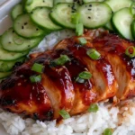 Honey Gochujang Chicken over white rice with sliced cucumbers, glazed sweet spicy high-protein chicken topped with green onions and sesame seeds