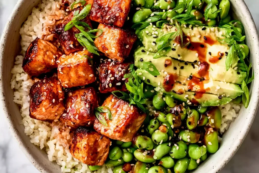 Honey Sriracha Salmon Bowls with glazed salmon bites, white rice, avocado, edamame, sesame seeds, and green onions.