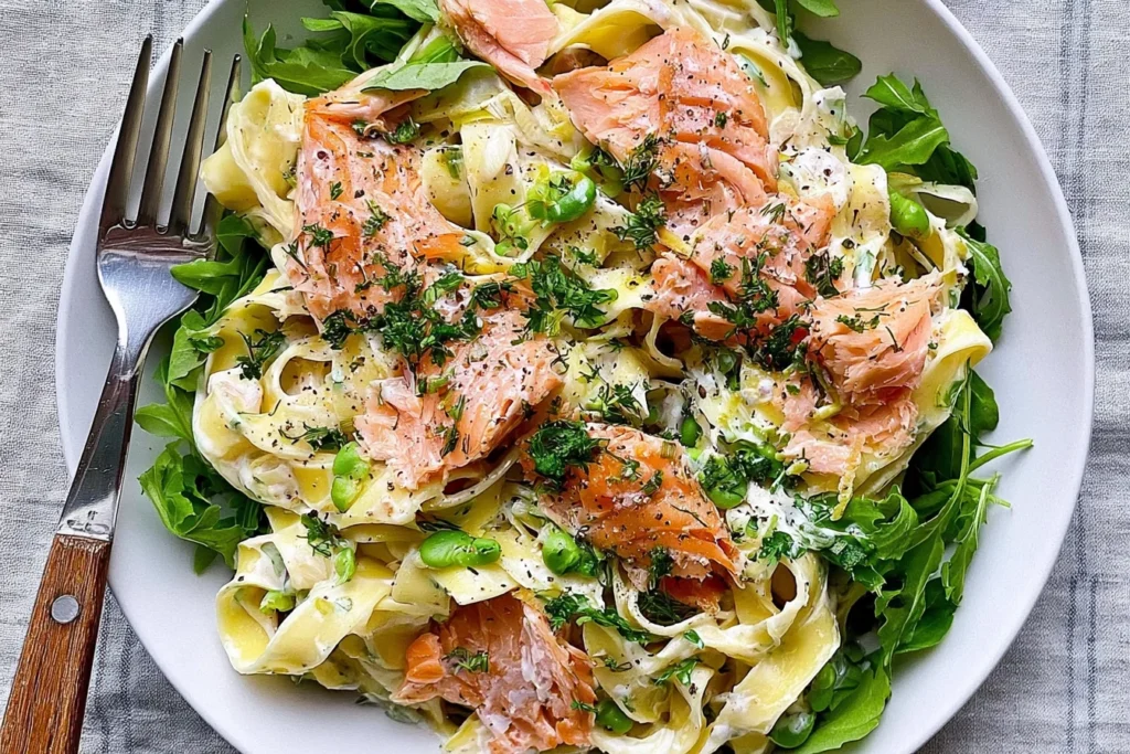 Hot Smoked Salmon and Greens Tagliatelle with creamy lemon sauce, arugula, peas, fresh dill, and flaky smoked salmon