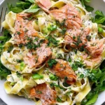 Hot Smoked Salmon and Greens Tagliatelle with creamy lemon sauce, arugula, peas, fresh dill, and flaky smoked salmon