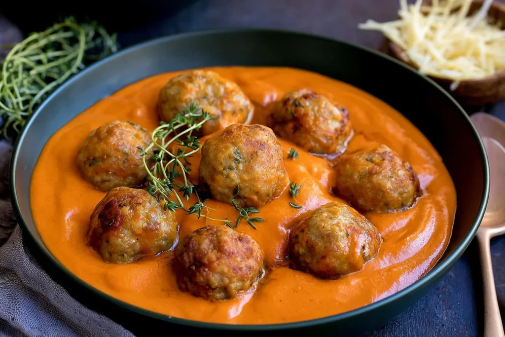 Greek Meatballs with Roasted Red Pepper Sauce topped with fresh thyme in a skillet of smooth roasted pepper sauce.