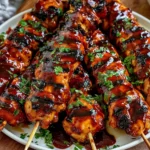 Honey Chipotle Grilled Chicken Skewers glazed with smoky sweet sauce and grilled to perfection with charred edges and fresh herbs
