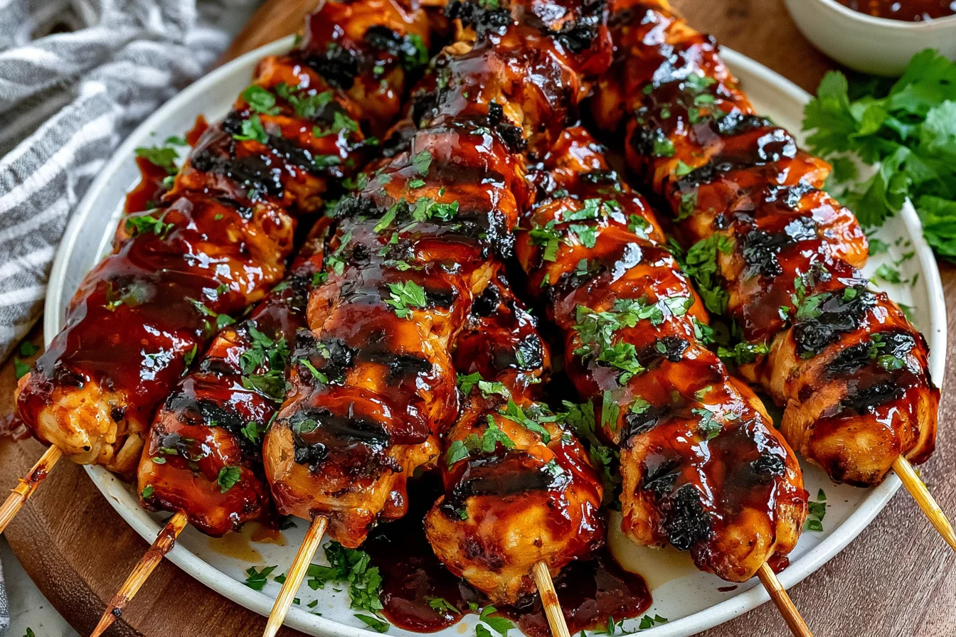 Honey Chipotle Grilled Chicken Skewers glazed with smoky sweet sauce and grilled to perfection with charred edges and fresh herbs