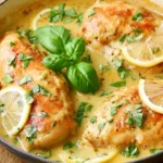 Lemon Basil Chicken in a creamy lemon sauce with fresh basil and lemon slices in a skillet