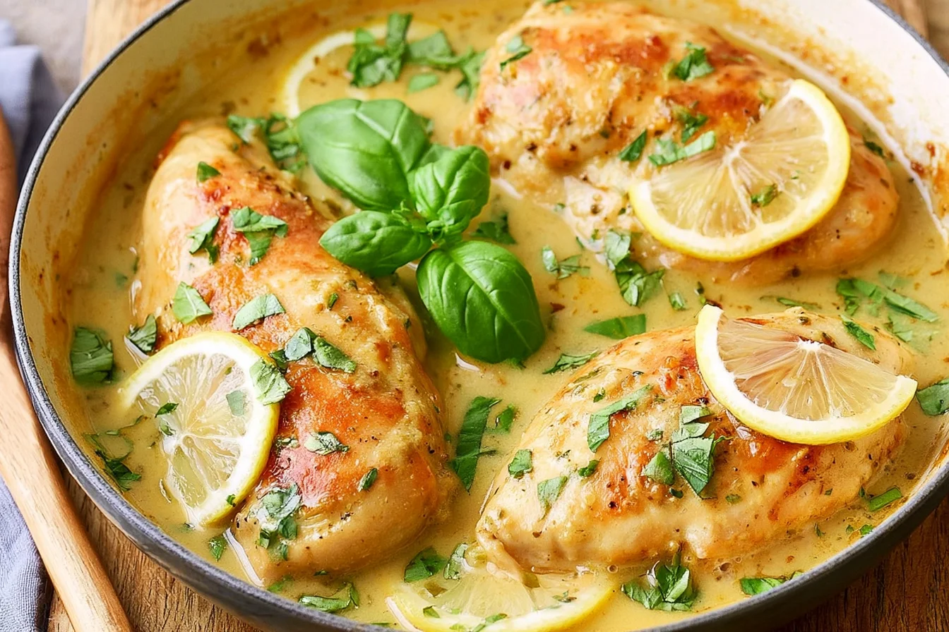 Lemon Basil Chicken in a creamy lemon sauce with fresh basil and lemon slices in a skillet