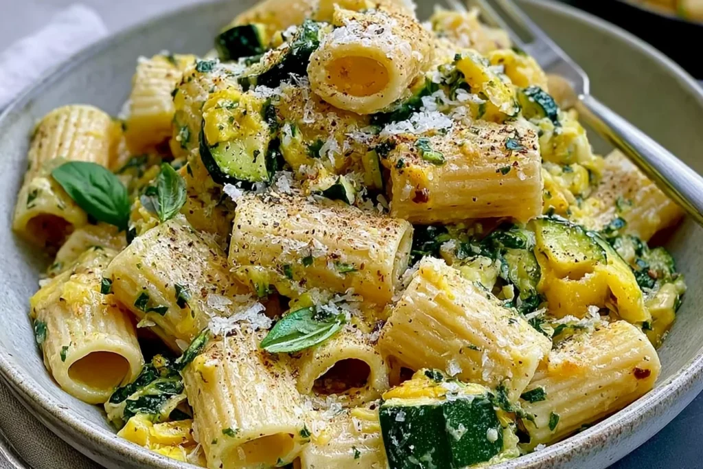 Lemon Zucchini Rigatoni with Parmesan featuring tender zucchini, grated Parmesan, fresh herbs, and black pepper.
