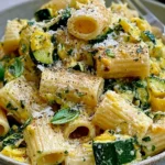 Lemon Zucchini Rigatoni with Parmesan featuring tender zucchini, grated Parmesan, fresh herbs, and black pepper.