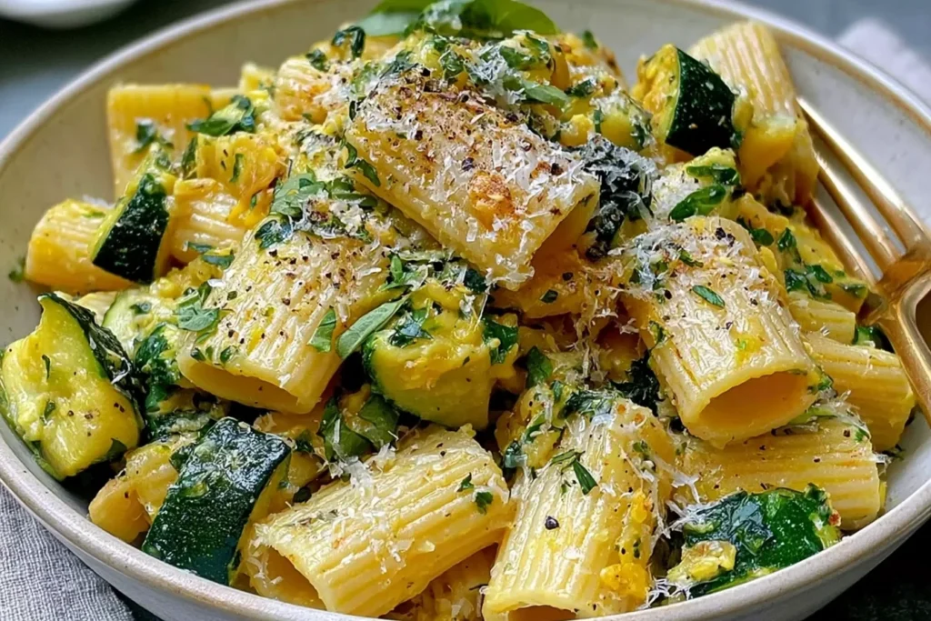 Lemon Zucchini Rigatoni with Parmesan topped with fresh herbs, grated Parmesan, and black pepper in a serving bowl.