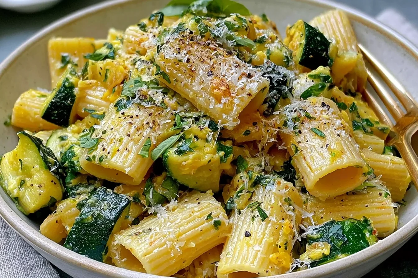 Lemon Zucchini Rigatoni with Parmesan topped with fresh herbs, grated Parmesan, and black pepper in a serving bowl.