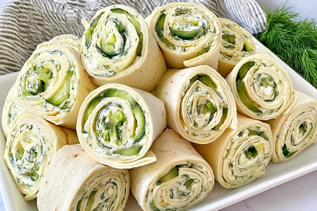 Light and Refreshing Cucumber Dill Pinwheels made with cream cheese and fresh cucumber slices, rolled in soft tortillas