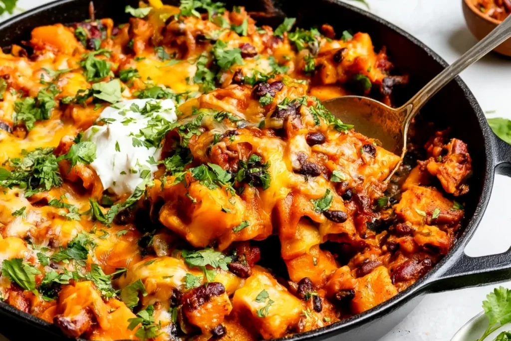 Close-up of Butternut Squash and Black Bean Enchilada Skillet with melted cheese, black beans, cilantro, and sour cream being served from a cast iron pan