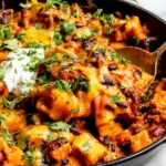 Close-up of Butternut Squash and Black Bean Enchilada Skillet with melted cheese, black beans, cilantro, and sour cream being served from a cast iron pan