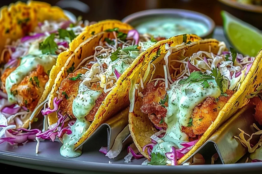 Crispy Dill Pickle Ranch Smash Chicken Tacos with crunchy slaw, golden fried chicken, and creamy herb ranch sauce in toasted tortillas