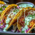 Crispy Dill Pickle Ranch Smash Chicken Tacos with crunchy slaw, golden fried chicken, and creamy herb ranch sauce in toasted tortillas