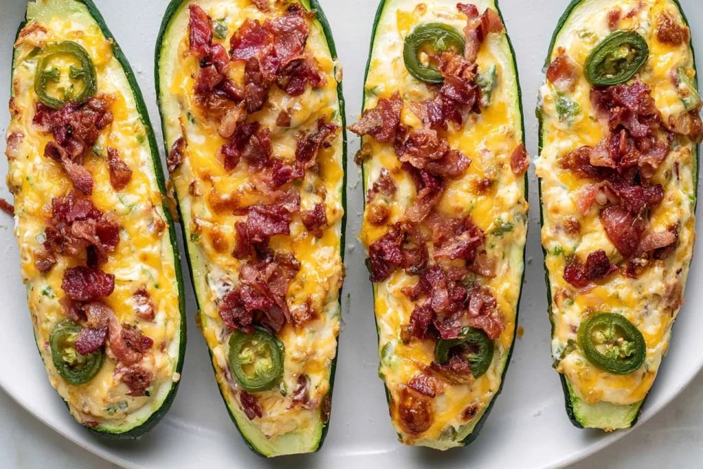 Close-up of Jalapeno Popper Zucchini Boats with melted cheddar cheese, crispy bacon crumbles, and fresh jalapeño slices