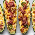 Close-up of Jalapeno Popper Zucchini Boats with melted cheddar cheese, crispy bacon crumbles, and fresh jalapeño slices