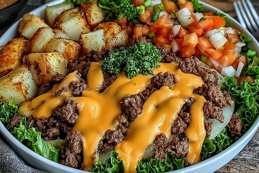 Smash Burger Bowl with seasoned ground beef, melted cheddar cheese, crispy roasted potatoes, lettuce, tomatoes, onions, and fresh parsley.