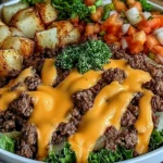 Smash Burger Bowl with seasoned ground beef, melted cheddar cheese, crispy roasted potatoes, lettuce, tomatoes, onions, and fresh parsley.
