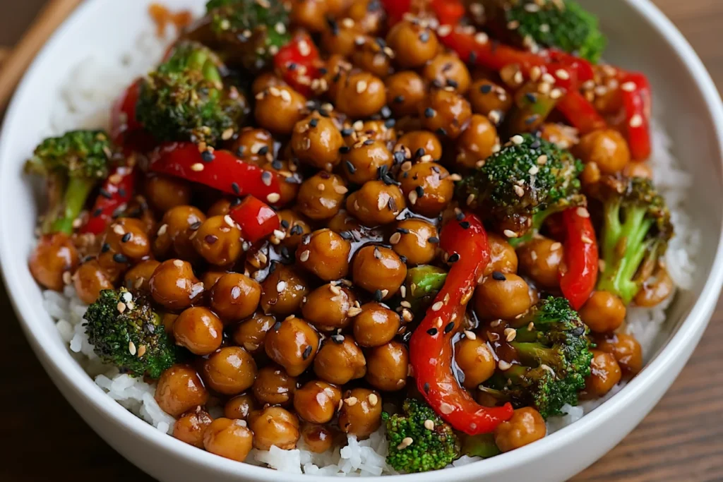 Mongolian Chickpeas served over rice with broccoli, bell peppers, and sesame seeds in a rich savory sauce