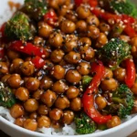 Mongolian Chickpeas served over rice with broccoli, bell peppers, and sesame seeds in a rich savory sauce