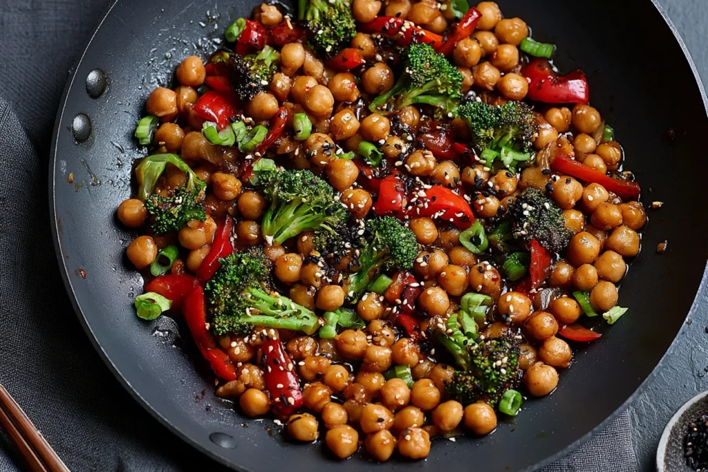 Mongolian Chickpeas stir fry with broccoli, bell peppers, and sesame seeds in a savory glossy sauce