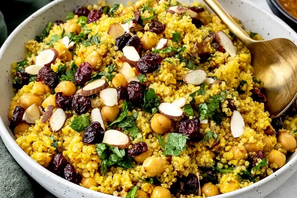 Moroccan Chickpea Quinoa Salad with cranberries, toasted almonds, fresh parsley, and warm Moroccan spices