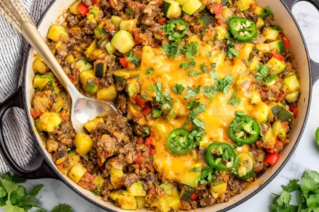One-Pan Taco Zucchini Skillet with ground beef, zucchini, bell peppers, melted cheddar cheese, cilantro, and sliced jalapeños.