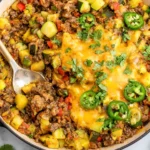 One-Pan Taco Zucchini Skillet with ground beef, zucchini, bell peppers, melted cheddar cheese, cilantro, and sliced jalapeños.