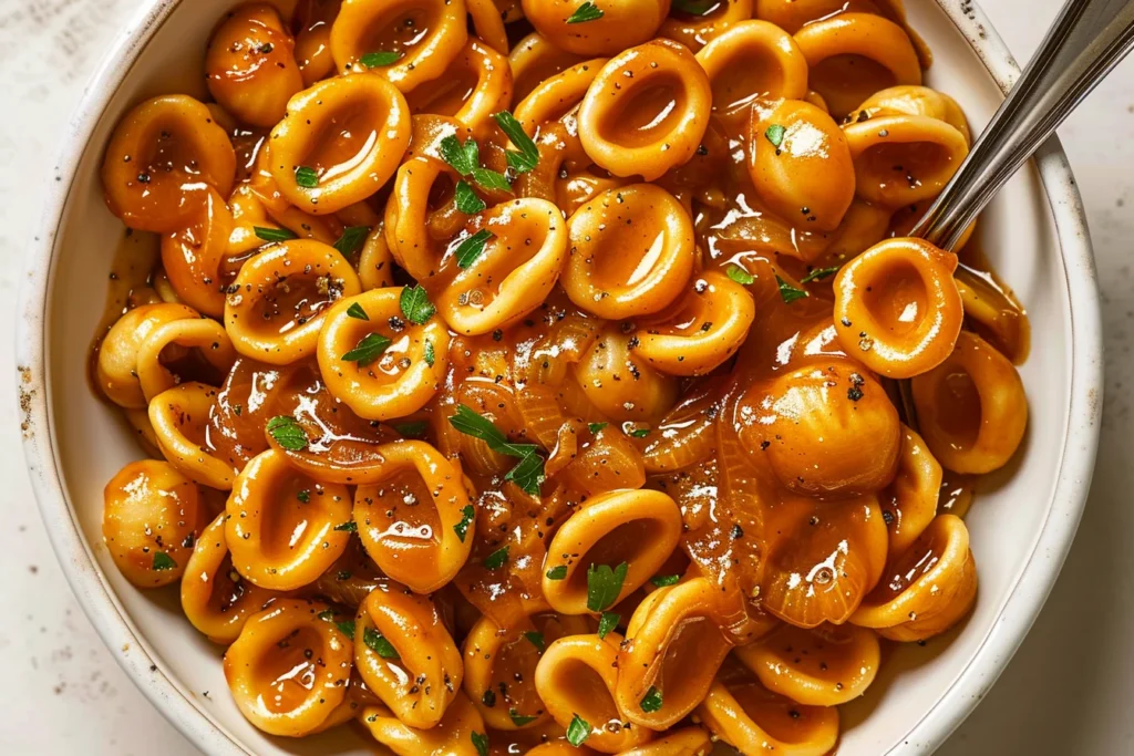 One Pot French Onion Pasta with orecchiette, caramelized onions, savory sauce, fresh parsley, and cracked black pepper.