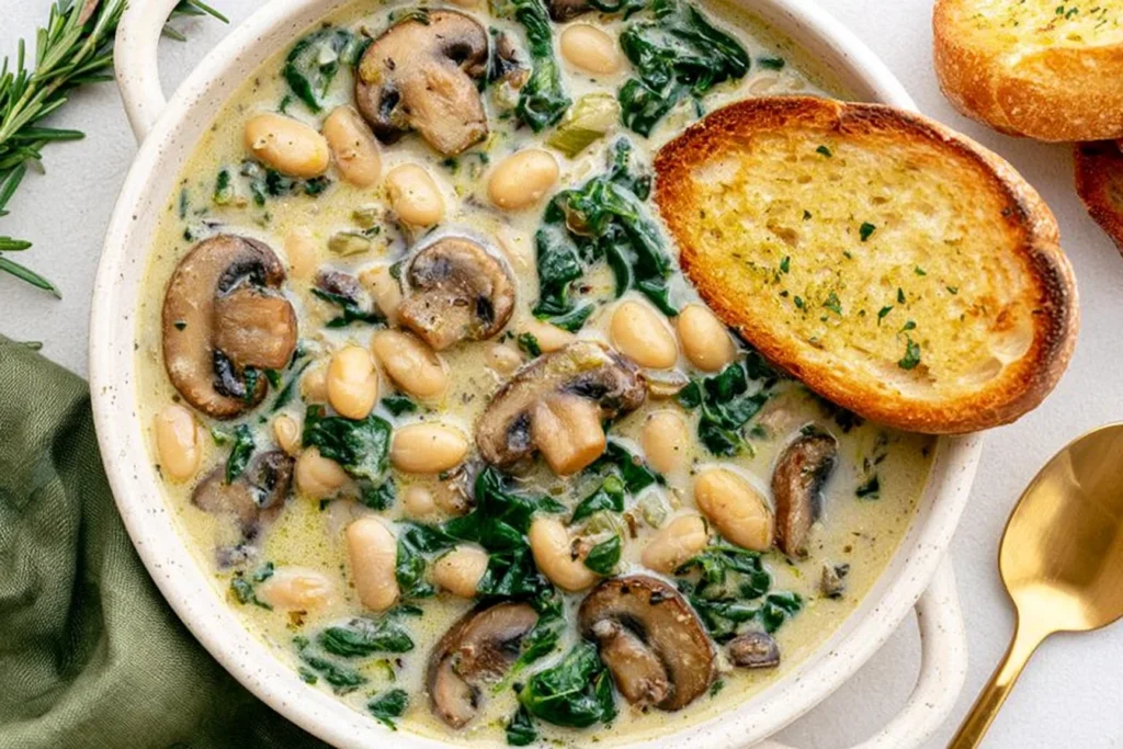 Creamy One-Pot White Bean Mushroom Stew with spinach and garlic toast in a rustic bowl